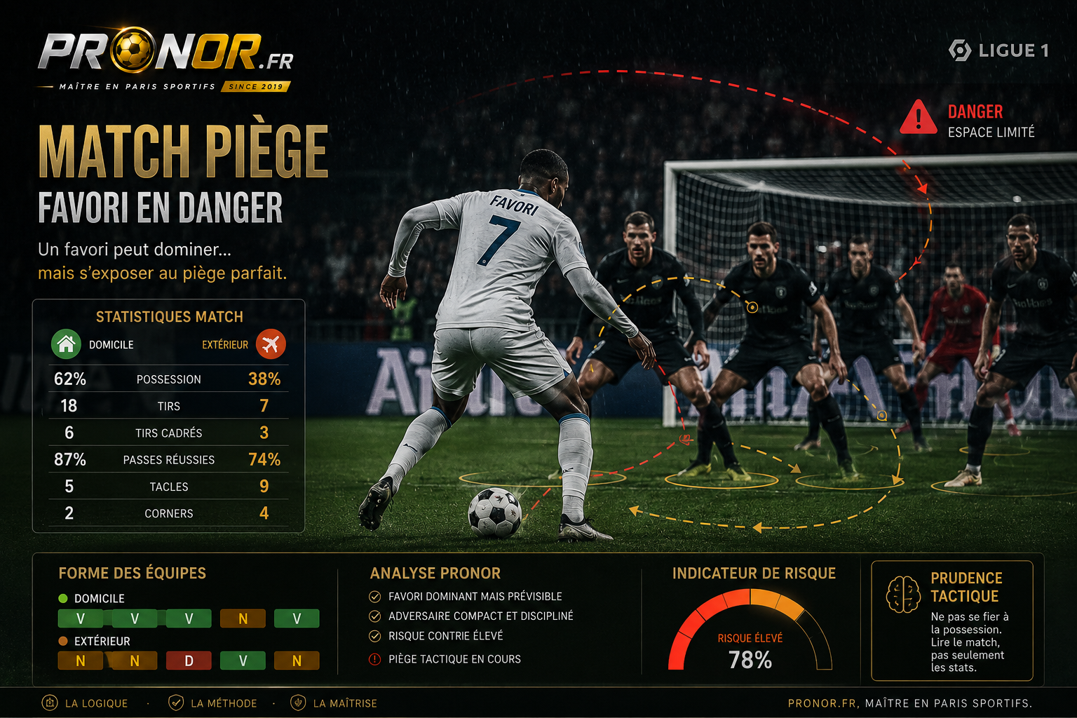 Analyse Ligue 1 PRONOR 2026 : stade moderne, écrans statistiques, data football, tendances et pronostics Ligue 1