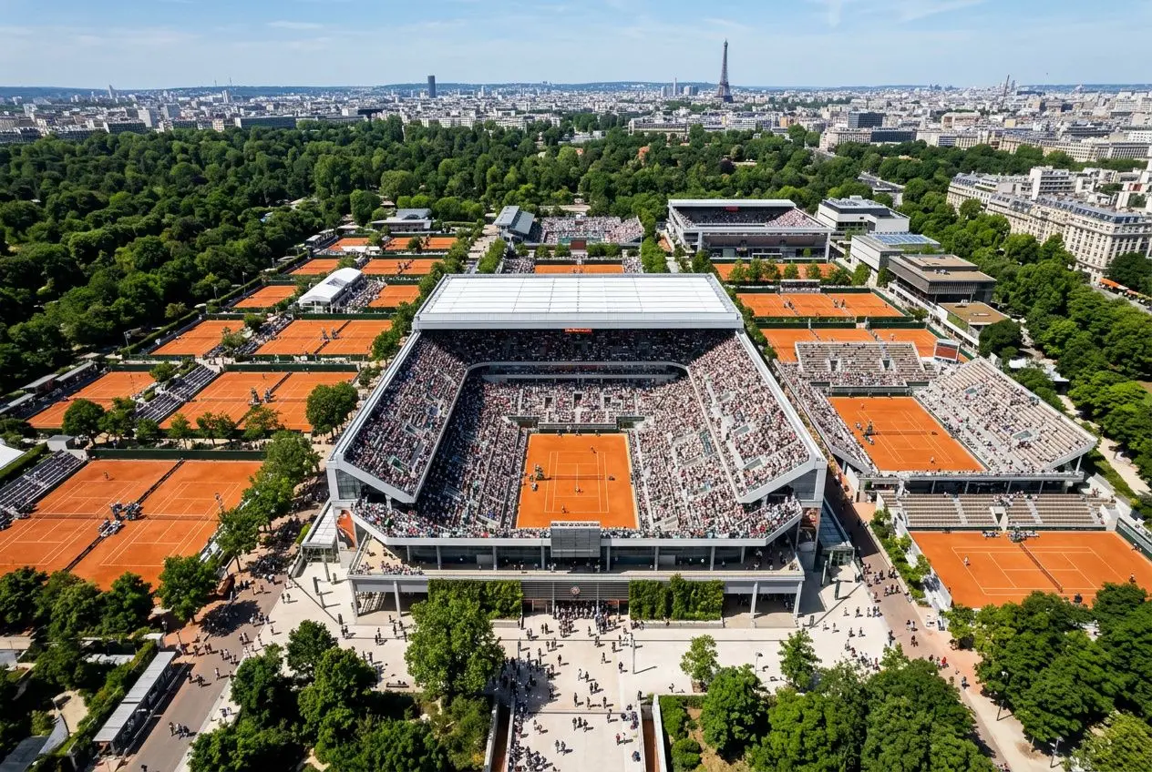 Vue aérienne du Stade Philippe-Chatrier entouré de courts en terre battue pour le programme Roland-Garros 2026.