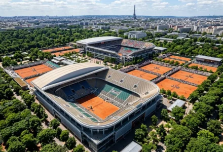 Aéroport et stades entourés de terrains de tennis orange, vues aériennes du complexe Roland-Garros avec le parc et la ville au loin, en gros plan sur le court central. Roland-Garros qualifications 2026.