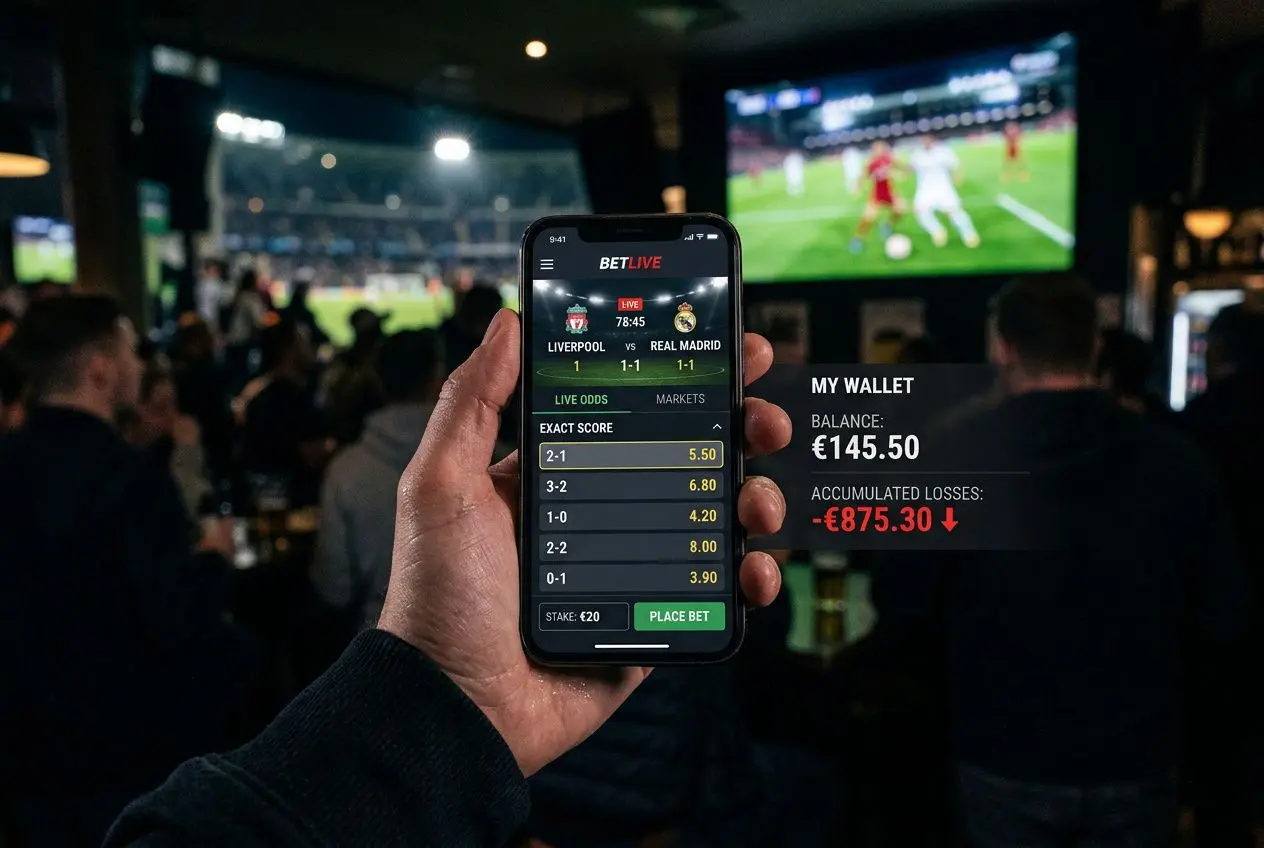 Affichage d’un smartphone montrant un pari en direct sur une appli de sport, avec les cotes et l’option "exact score" affichée.