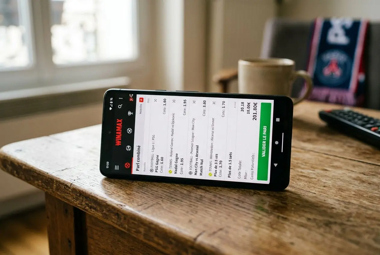 Affichage d’un smartphone sur une table, montrant des paris combinés Winamax avec chiffres et boutons verts, ambiance domicile.