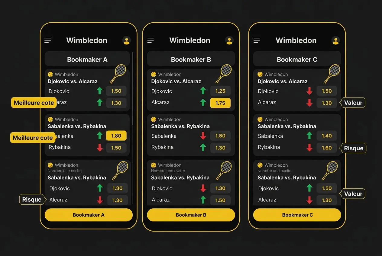 Alt text: Application mobile Wimbledon affichant trois notebooks de pronostics de tennis avec cotes et boutons “Bookmaker” en jaune, mis en évidence par des flèches et étiquettes. Inclut le mot-clé pronostic wimbledon 2026 de manière naturelle.