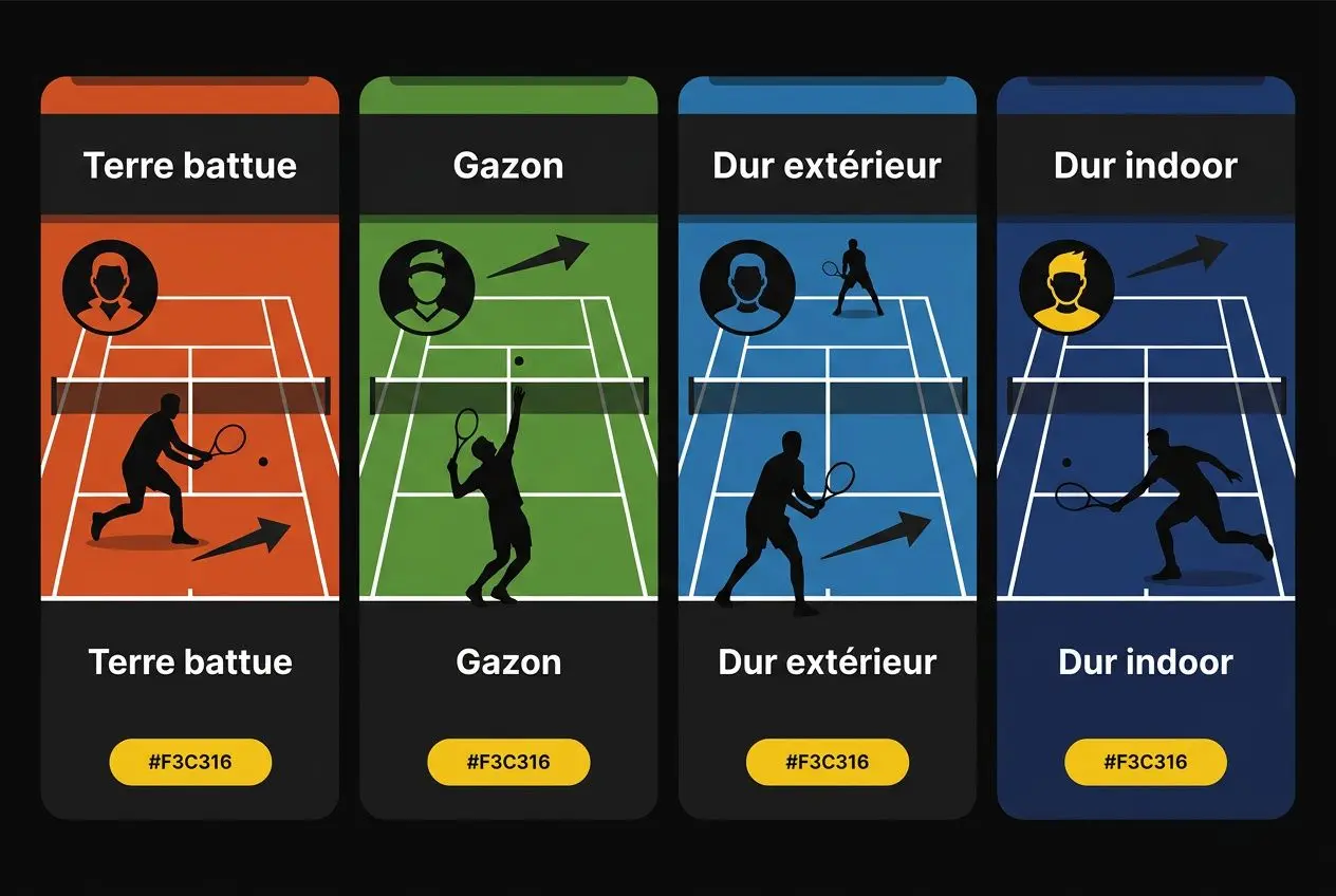 Alt text: Quatre panneaux illustrés représentant des matchs de tennis sur terrain; Terre battue, Gazon, Dur extérieur, Dur indoor, avec joueurs et flèches indiquant les balles. pronostic tennis gagnant intégré de manière fluide.