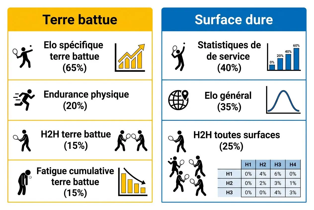 Analyse matchs Roland-Garros 2026: aperçu des facteurs clés et leurs poids, incluant les gráficos de surface et les statistiques.