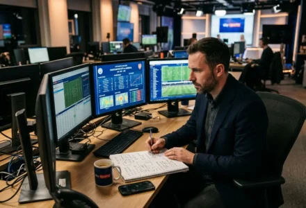 Analyste en salle de paris sportif foot travaillant sur écran, notes et gestion de bankroll, démontrant une stratégie paris sportif foot en action.