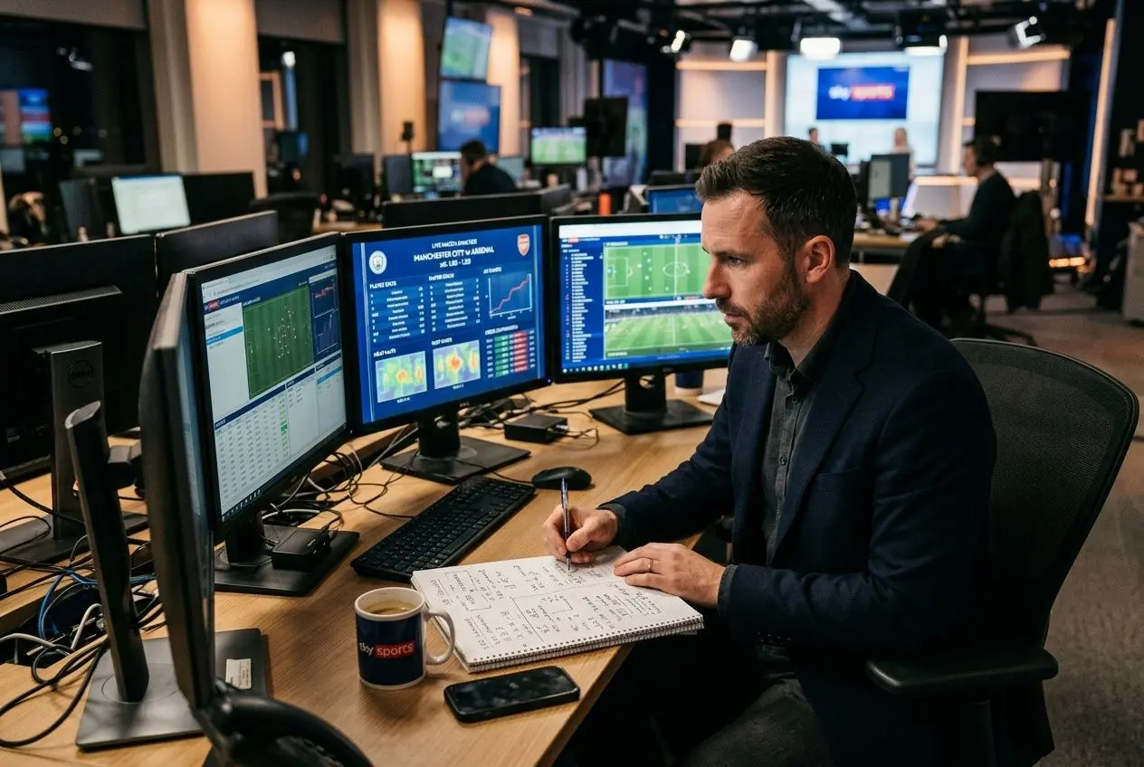 Analyste en salle de paris sportif foot travaillant sur écran, notes et gestion de bankroll, démontrant une stratégie paris sportif foot en action.
