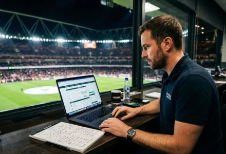 Analyste en salle de presse utilisant un ordinateur portable pour pronostics football gratuits devant un stade rempli.