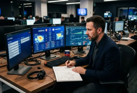 Analyste sportif au bureau, surveillant des écrans affichant des statistiques de matchs et notes, en train de prendre des notes. site de pronostics fiable intégré.