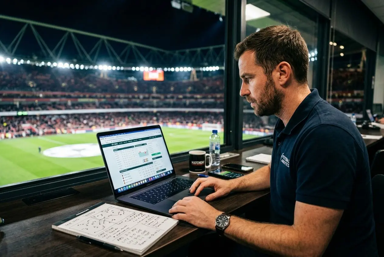 Analyste sportif devant un ordinateur dans une salle de presse du stade, en train d’étudier les données du jour, pronostic score exact 100 fiable aujourd hui.