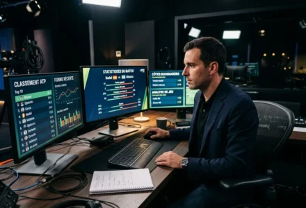Analyste sportif devant plusieurs écrans affichant des statistiques et pronostics de matches.