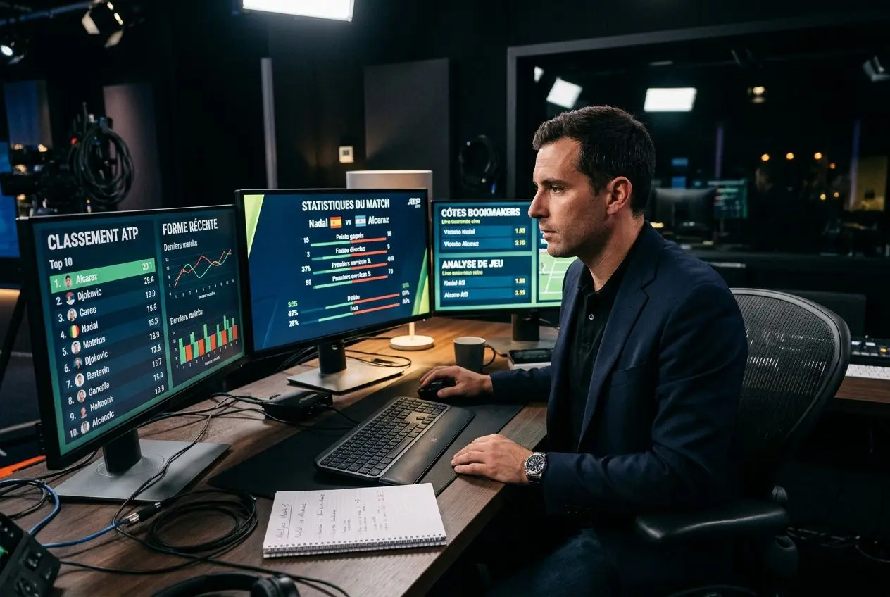 Analyste sportif devant plusieurs écrans affichant des statistiques et pronostics de matches.