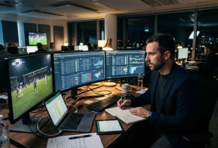 Analyste sportif en salle de contrôle avec plusieurs écrans affichant des statistiques et des graphiques de matchs. Il prend des notes pour comprendre comment analyser un match de foot.