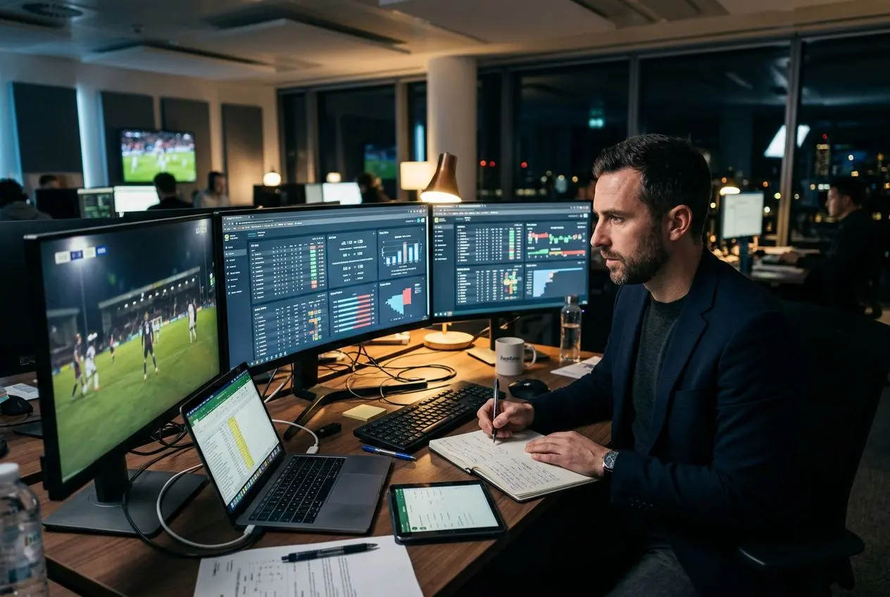 Analyste sportif en salle de contrôle avec plusieurs écrans affichant des statistiques et des graphiques de matchs. Il prend des notes pour comprendre comment analyser un match de foot.