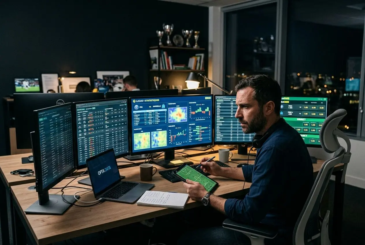 Analyste sportif dans une salle lumineuse, plusieurs écrans affichent des graphiques et statistiques, travail sur un smartphone et un carnet. intégrer: commentaire sur le sujet "comment analyser un match de foot score exact" via une description fluide.