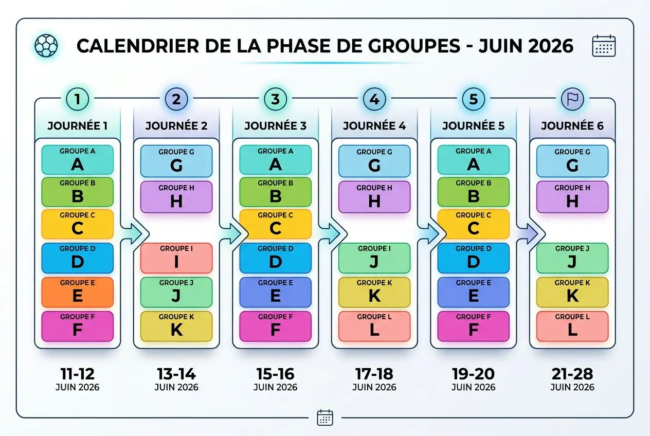 Calendrier de la phase de groupes - juin 2026, affichant les journées 1 à 6 avec les groupes A à L et les dates 11-28 juin 2026. Mot-clé intégré: coupe du monde 2026 calendrier.