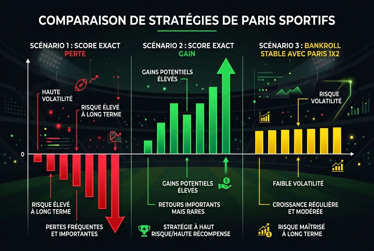 Comparaison de stratégies de paris sportifs: graphique avec scénarios de score exact fiable et tendances de gains potentiels et risques.
