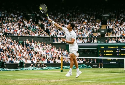 Coup droit de tennis en vol sur gazon, joueur en blanc frappe la balle devant public enthousiaste au Wimbledon. pronostic wimbledon 2026 intégré naturellement.