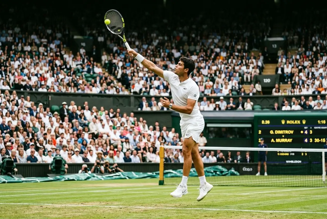 Coup droit de tennis en vol sur gazon, joueur en blanc frappe la balle devant public enthousiaste au Wimbledon. pronostic wimbledon 2026 intégré naturellement.