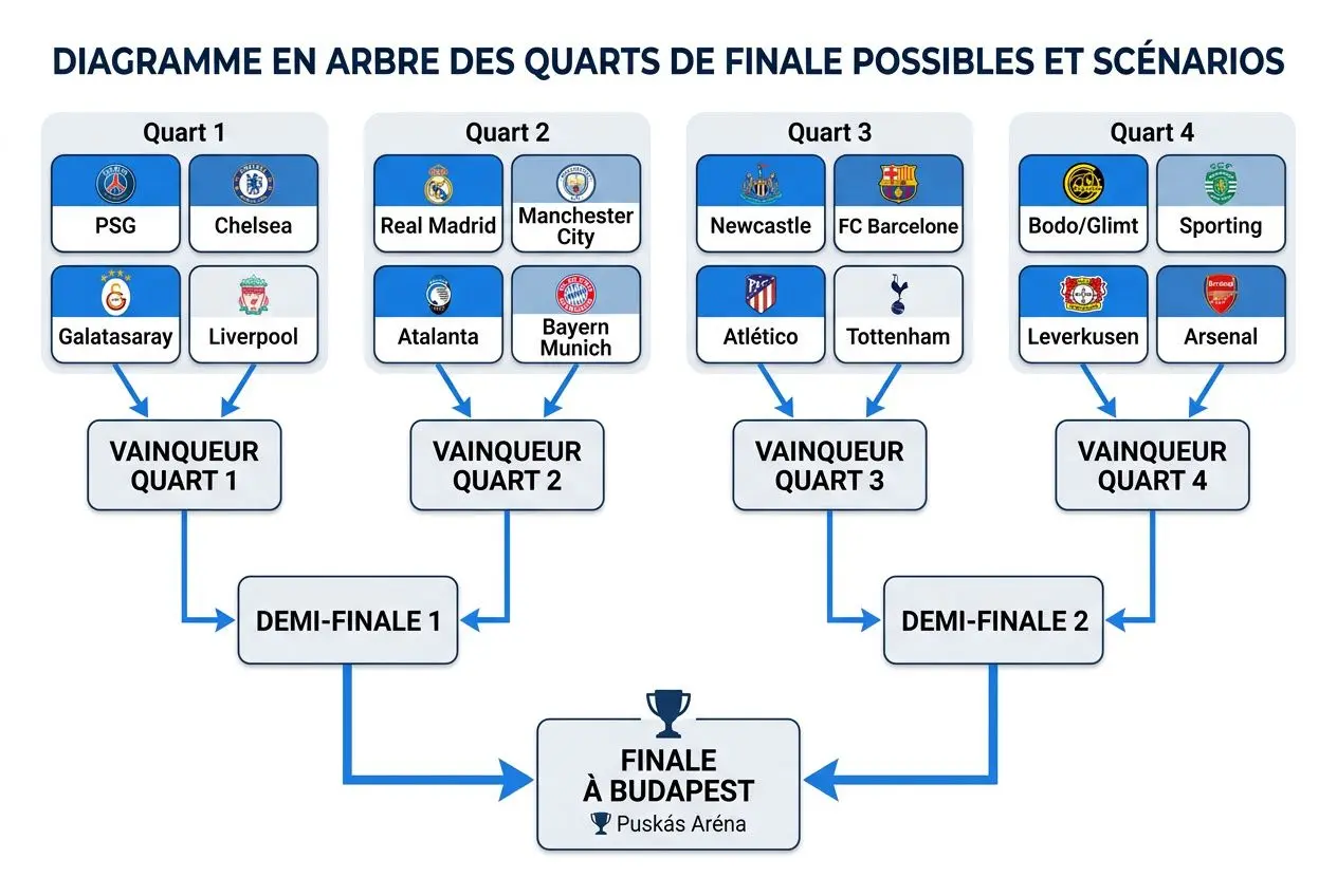 Diagramme en arbre des quarts de finale possibles et scénarios avec les affiches du tirage au sort ligue des champions 2026, et parcours jusqu’à la finale à Budapest.