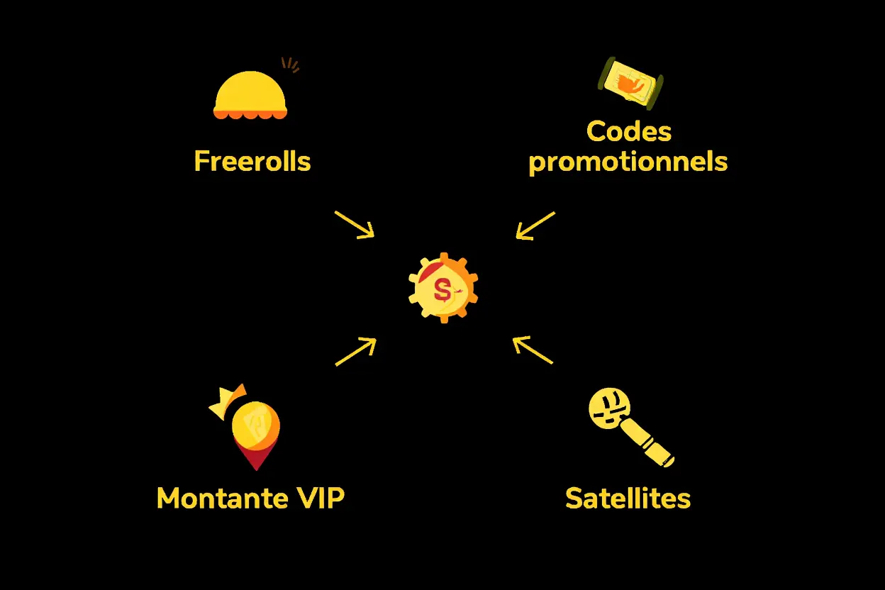 Diagramme central avec icône d’argent et flèches pointant vers quatre sources : Free rolls, codes promotionnels, Montante VIP et Satellites, sur fond noir. Incorporer le terme avis Winamax poker en ligne de manière naturelle.