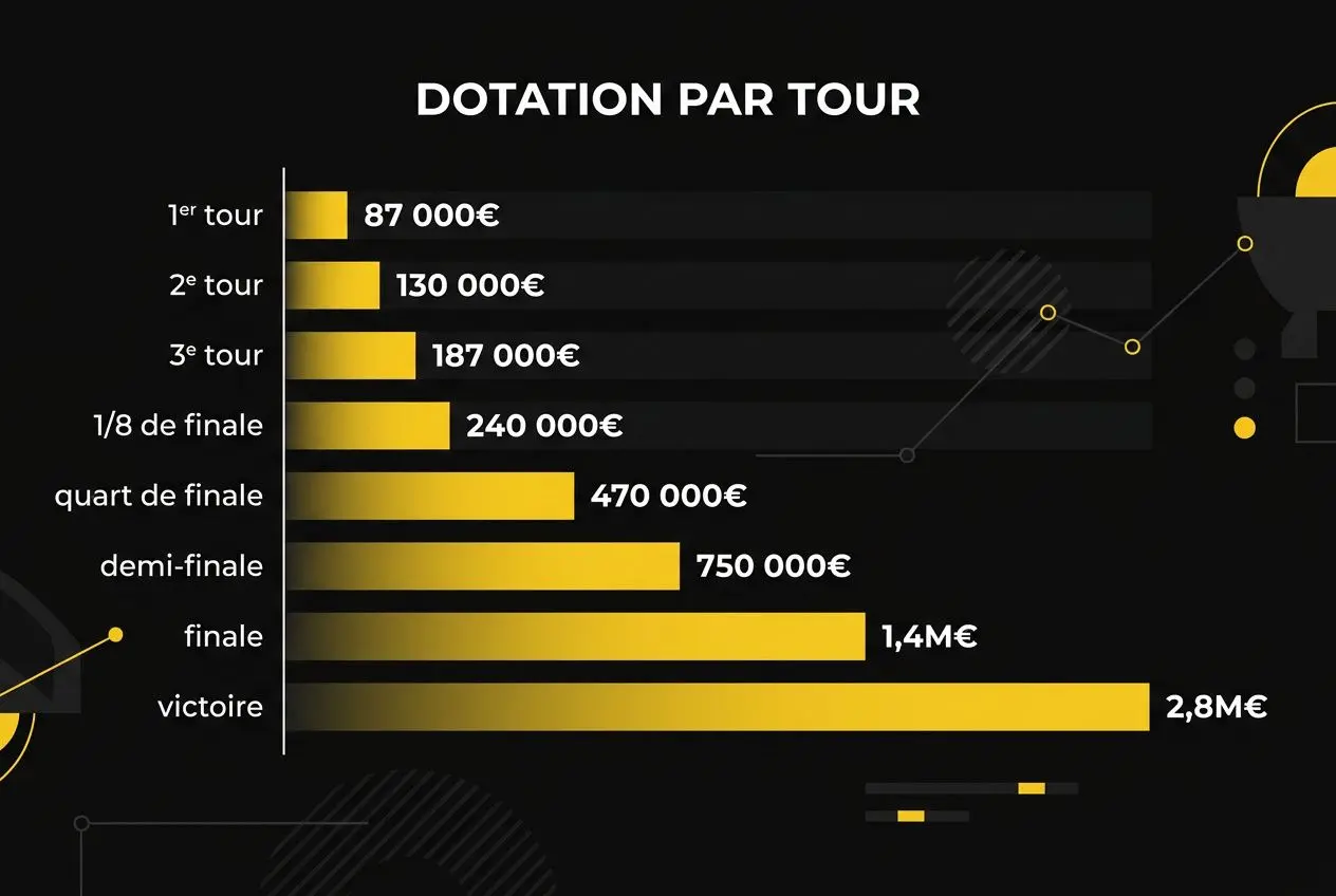 Diagramme « Dotation par tour » montrant les montants en euros pour chaque étape du tournoi: 1er tour 87 000€, 2e tour 130 000€, 3e tour 187 000€, 1/8e de finale 240 000€, quart de finale 470 000€, demi-finale 750 000€, finale 1,4 M€, victoire 2,8 M€. Intègre le mot-clé pronostic roland garros 2026 de manière fluide.