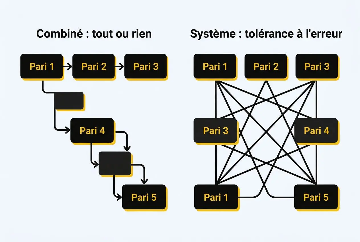 Diagramme explicatif des paris combinés et du système de tolérance à l'erreur : parcours des paris et schéma de connexions. Integrates keyword: comment fonctionnent les paris combinés winamax.