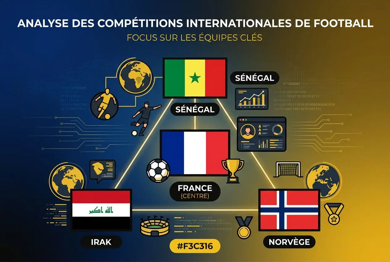 Diagramme illustrant l’analyse des compétitions internationales de football avec les drapeaux de la France, Sénégal, Irak, Norvège et France (centre), sur fond bleu et doré. Intègré le mot-clé: calendrier équipe de france coupe du monde 2026.