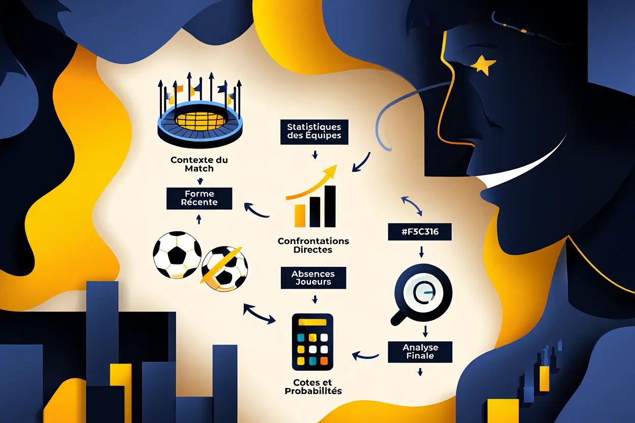 Diagramme illustrant l’analyse d’un match: statistiques, confrontations directes, formes récentes et analyses finales, avec outils et probabilités, guidant comment analyser un match avant de parier.