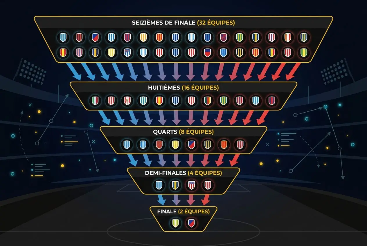Diagramme illustrant l’arbre des phases de la coupe du monde 2026, avec sélections et phases : seizièmes, huitièmes, quarts, demi-finales et finale. Inclut les drapeaux et les flèches bleues et rouges reliant les tours. Intègre le terme: coupe du monde 2026 calendrier.