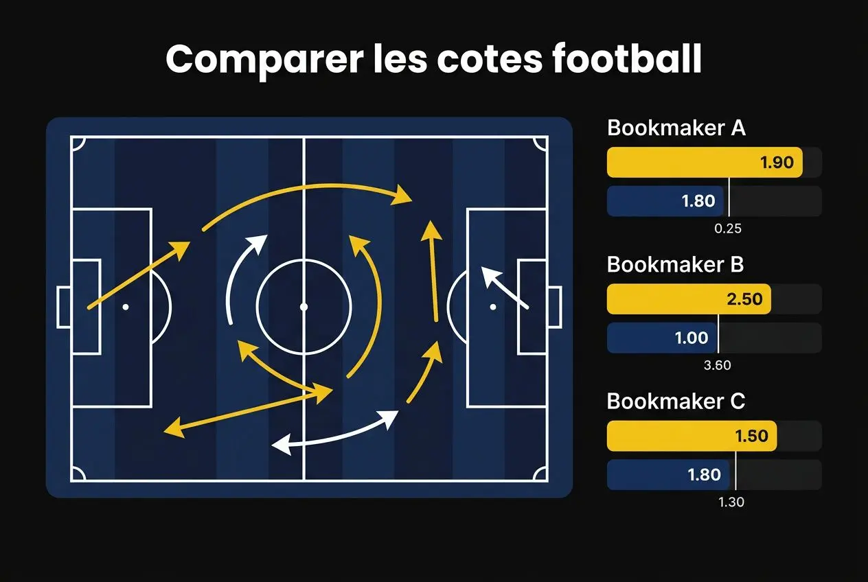 Diagramme de tactiques de football montrant des schémas de passes et mouvements sur le terrain; côté droit, cotes bookmakers A, B et C affichées, avec barres colorées et chiffres. Inclut le concept de "paris sportif pronostic" de manière naturelle.