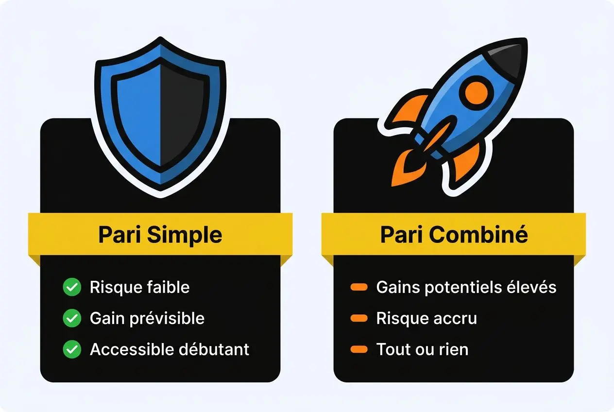 Différence entre pari simple et pari combiné illustrée: comparaison des avantages et risques respectifs.