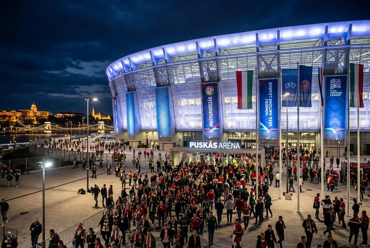 Fans devant le Puskás Aréna à Budapest avant la finale ligue des champions 2026, ambiance festive et drapeaux affichés.