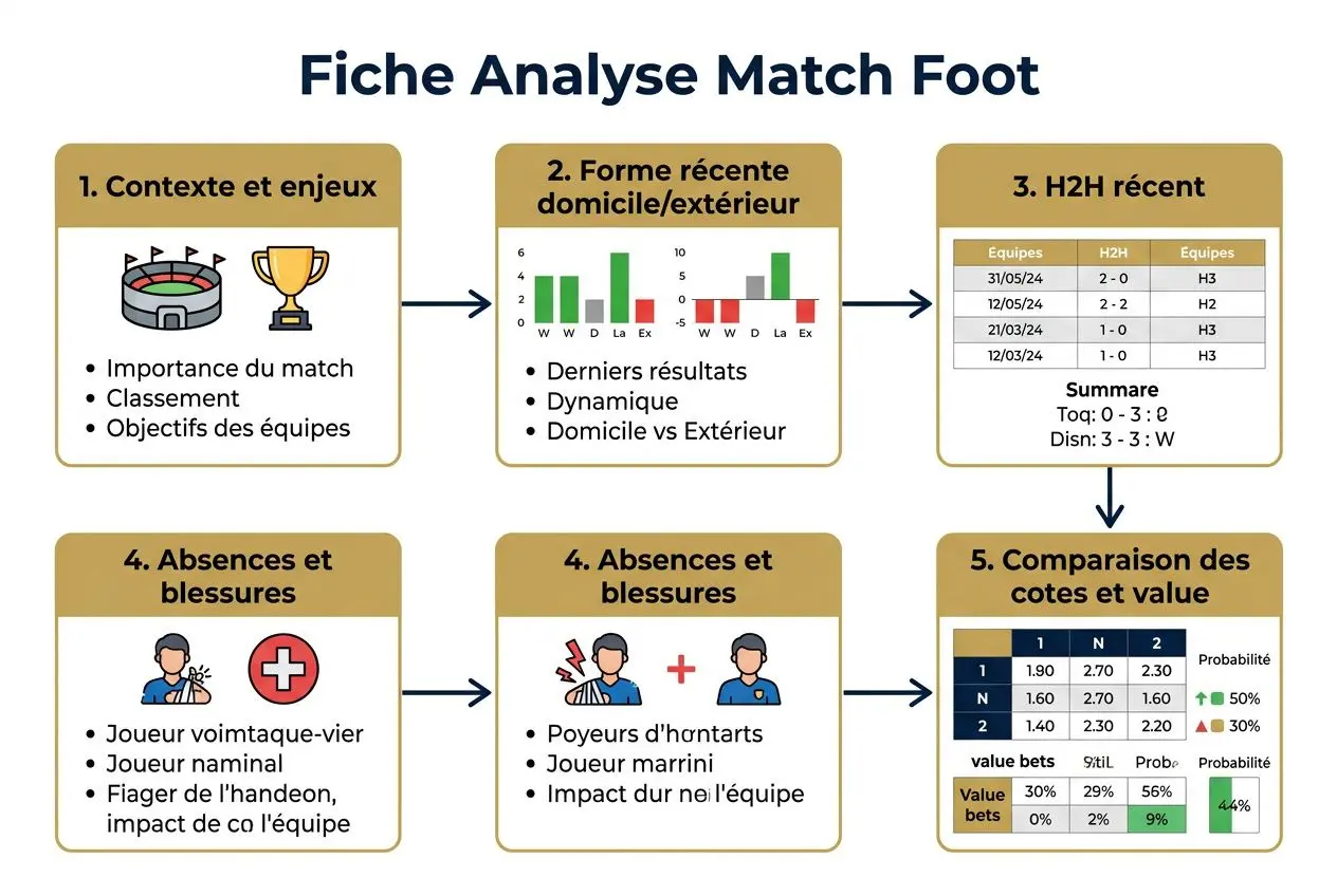 Fiche Analyse Match Foot avec étapes: contexte, forme, H2H, absences/blessures, comparaison des cotes et value bets, illustration des éléments principaux. commentaire: « comment gagner facilement aux paris sportifs » intégré.