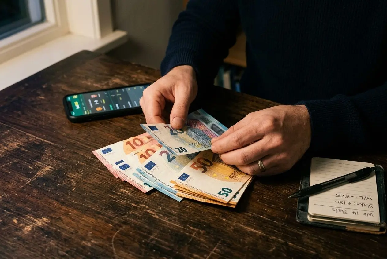 Homme comptant des billets euros sur une table, avec smartphone et carnet de notes, évoquant la gestion de bankroll paris sportif.