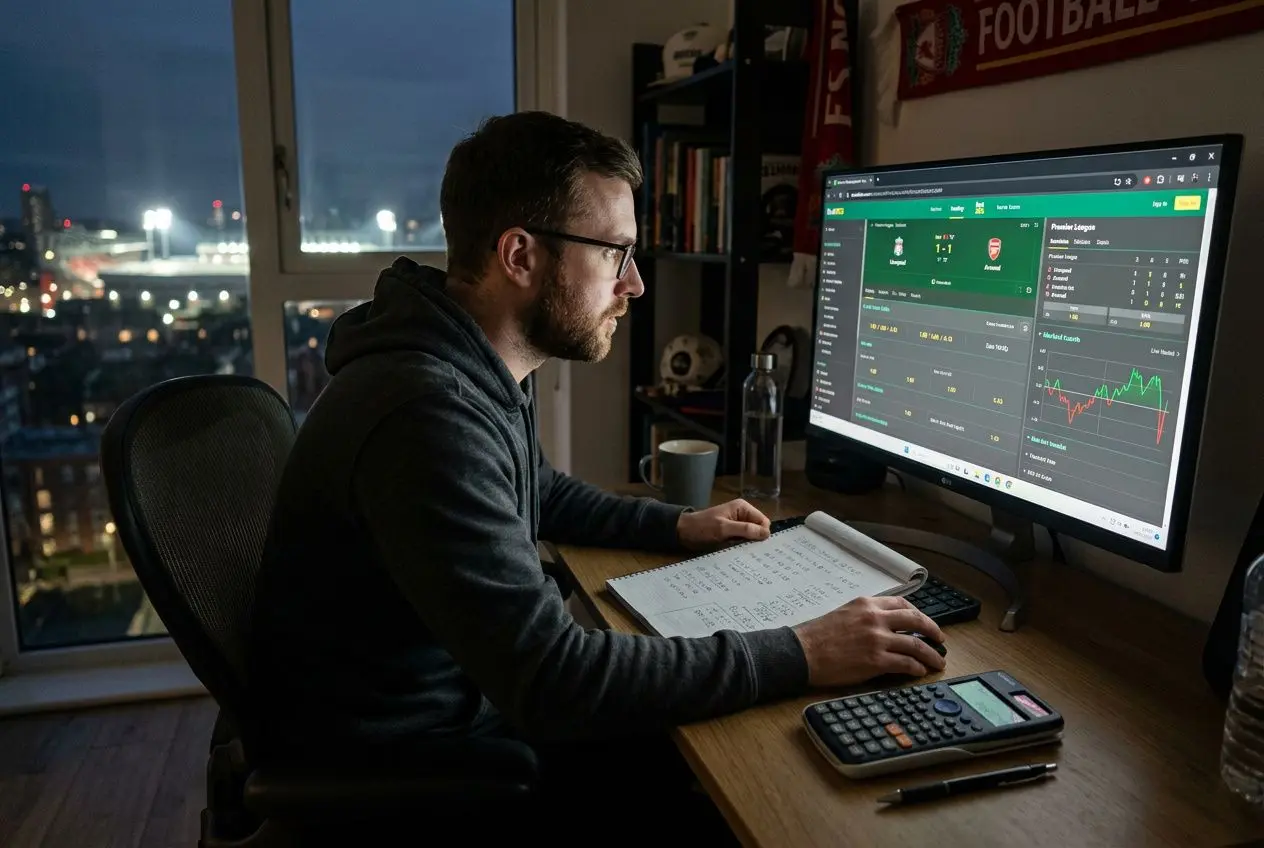 Homme consultant des cotes et graphiques de paris sportifs sur un écran, travail à domicile le soir avec carnet et calculatrice. Comment faire des pronostics sportifs.