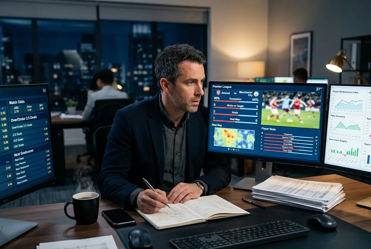 Homme en costume travaillant tard devant plusieurs écrans affichant des données sportives et pronostics, prenant des notes dans un carnet.