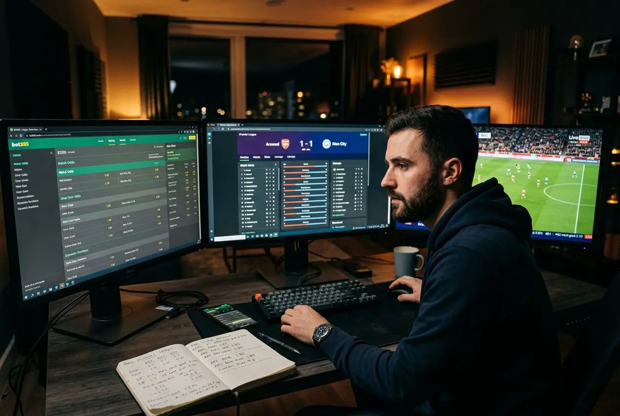 Homme devant trois écrans affichant des cotes et un match, carnet et ordinateur sur le bureau, ambiance nocturne. comment gagner facilement aux paris sportifs