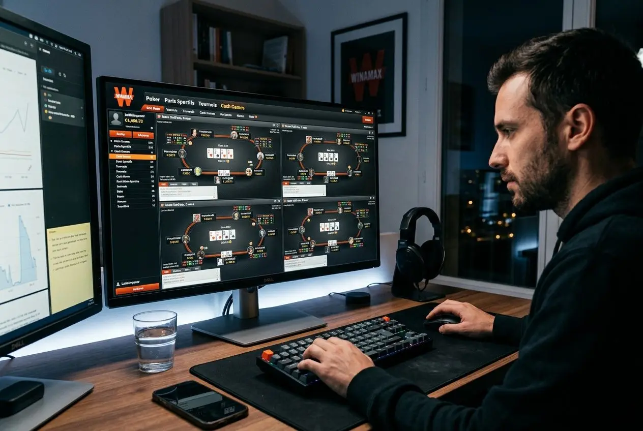 Homme jouant au poker en ligne sur plusieurs écrans affichant des tables et software Winamax, ambiance bureau. Avis Winamax poker en ligne intégré.