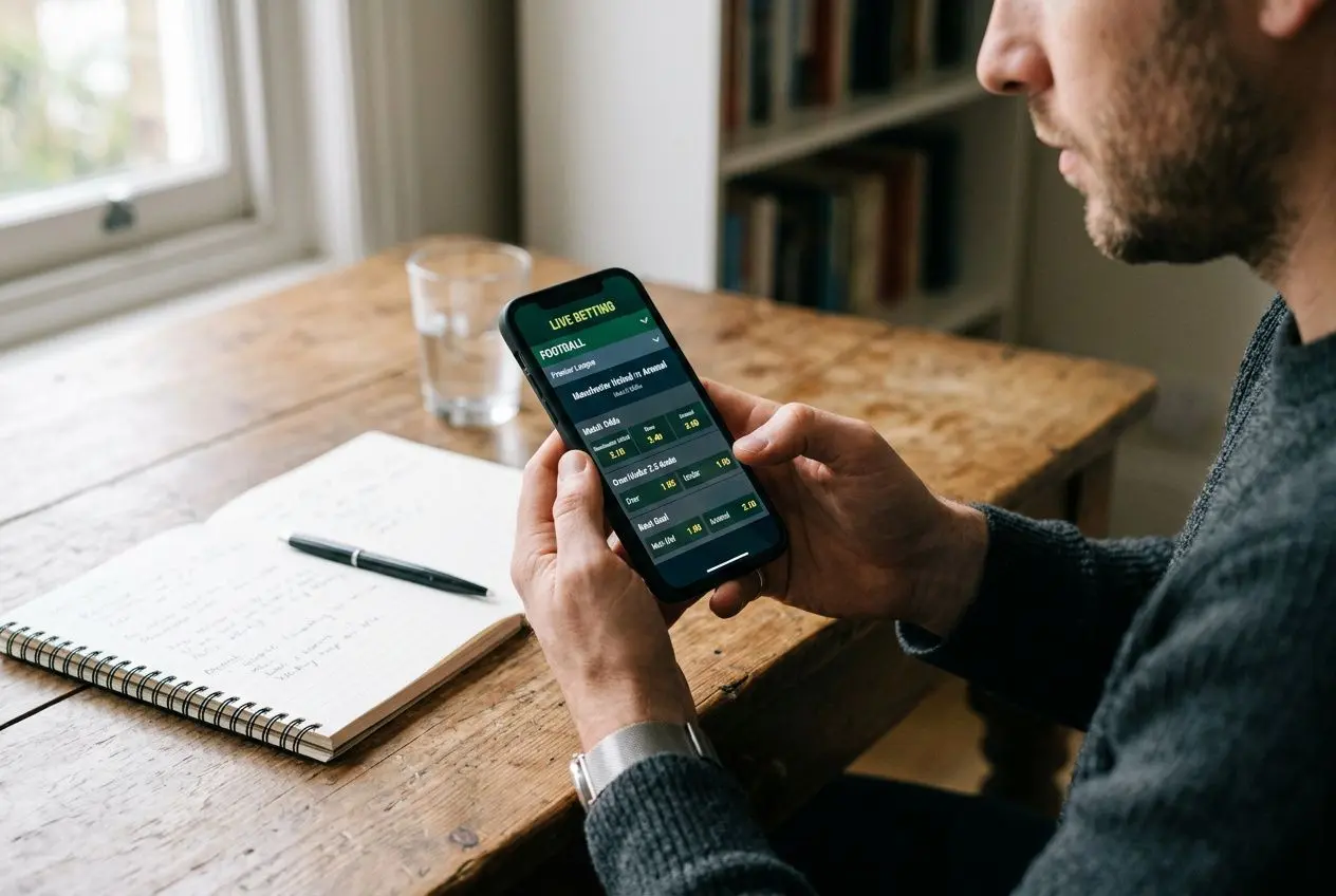 Homme tenant un smartphone affichant des cotes foot, devant un carnet et un stylo sur une table en bois.