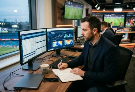 Homme en veston analyse des données sur plusieurs écrans, notant des informations sur une feuille; ambiance bureau avec écrans et télévisions sportives. comment gagner aux paris sportifs sur le long terme.