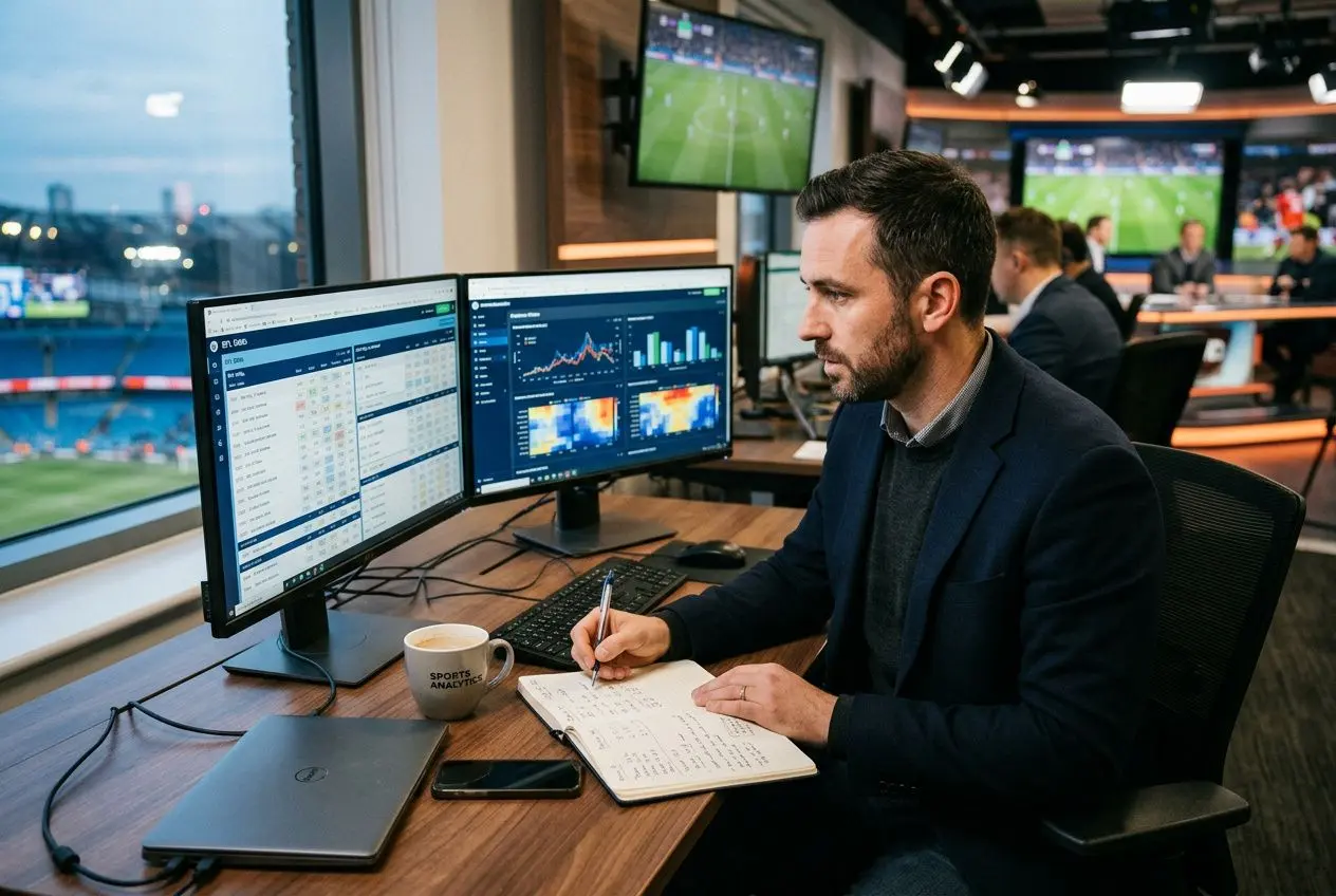 Homme en veston analyse des données sur plusieurs écrans, notant des informations sur une feuille; ambiance bureau avec écrans et télévisions sportives. comment gagner aux paris sportifs sur le long terme.