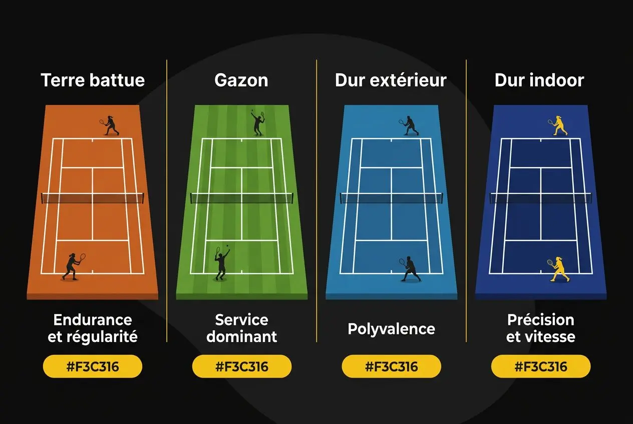 Illustration comparant quatre terrains de tennis selon les surfaces