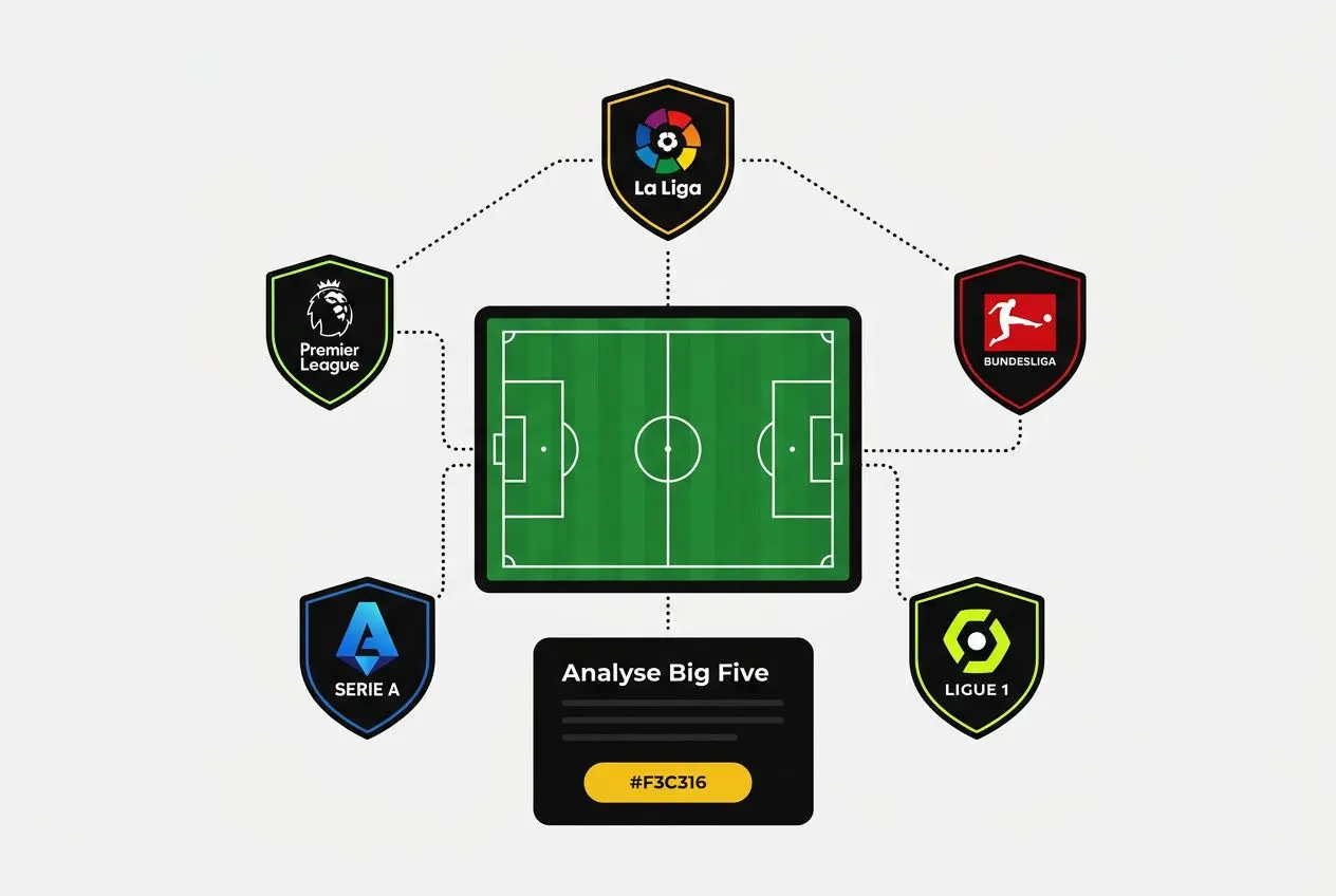 Illustration d’un écran de football entouré par les logos des ligues majeures, représentant l’analyse « AnalYse Big Five » et le code couleur #F3C316. Meilleur pronostiqueur français intégré.
