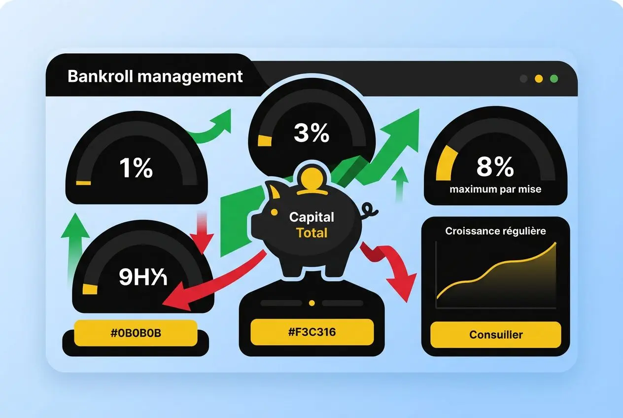 Illustration sur la gestion bancaire avec un porte-monnaie et des indicateurs financiers, montrant des pourcentages et une croissance, thème « stratégie paris sportif foot ».