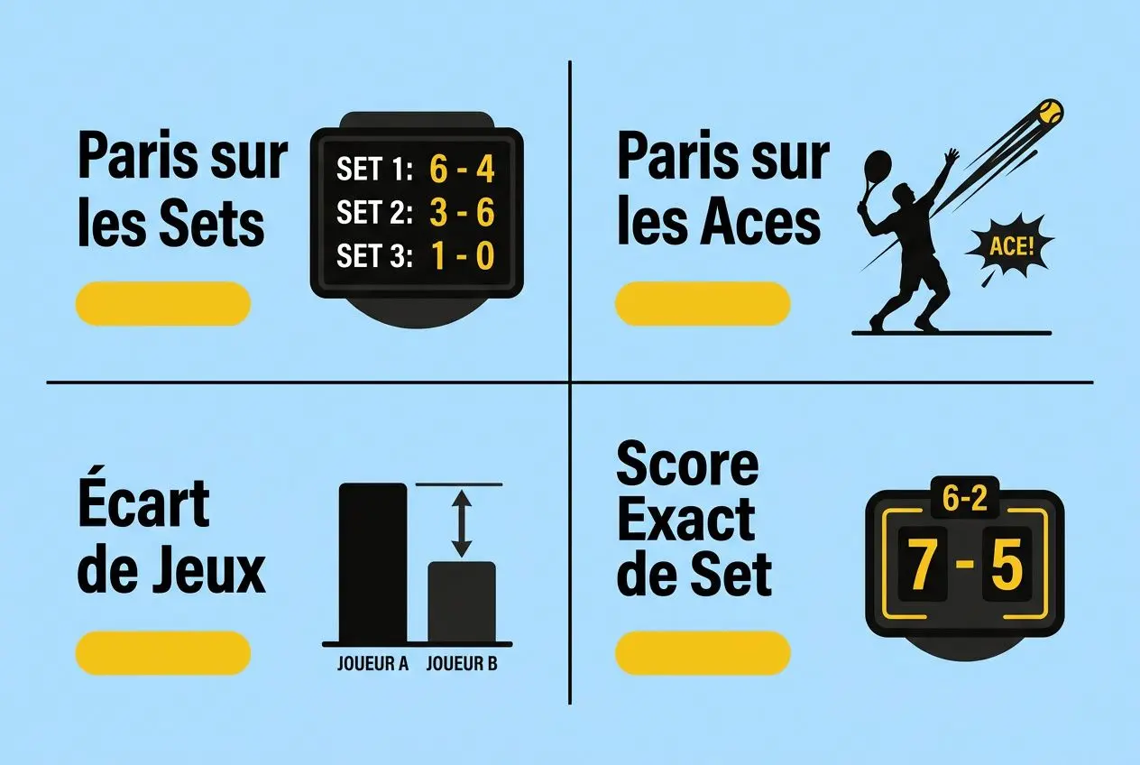 Illustration graphique en quatre sections sur les paris tennis: sets, aces, écart de jeux et score exact de set, avec pictogrammes et texte « Paris sur les Sets » et « Paris sur les Aces ». intégration du thème « stratégie pari tennis rentable ».
