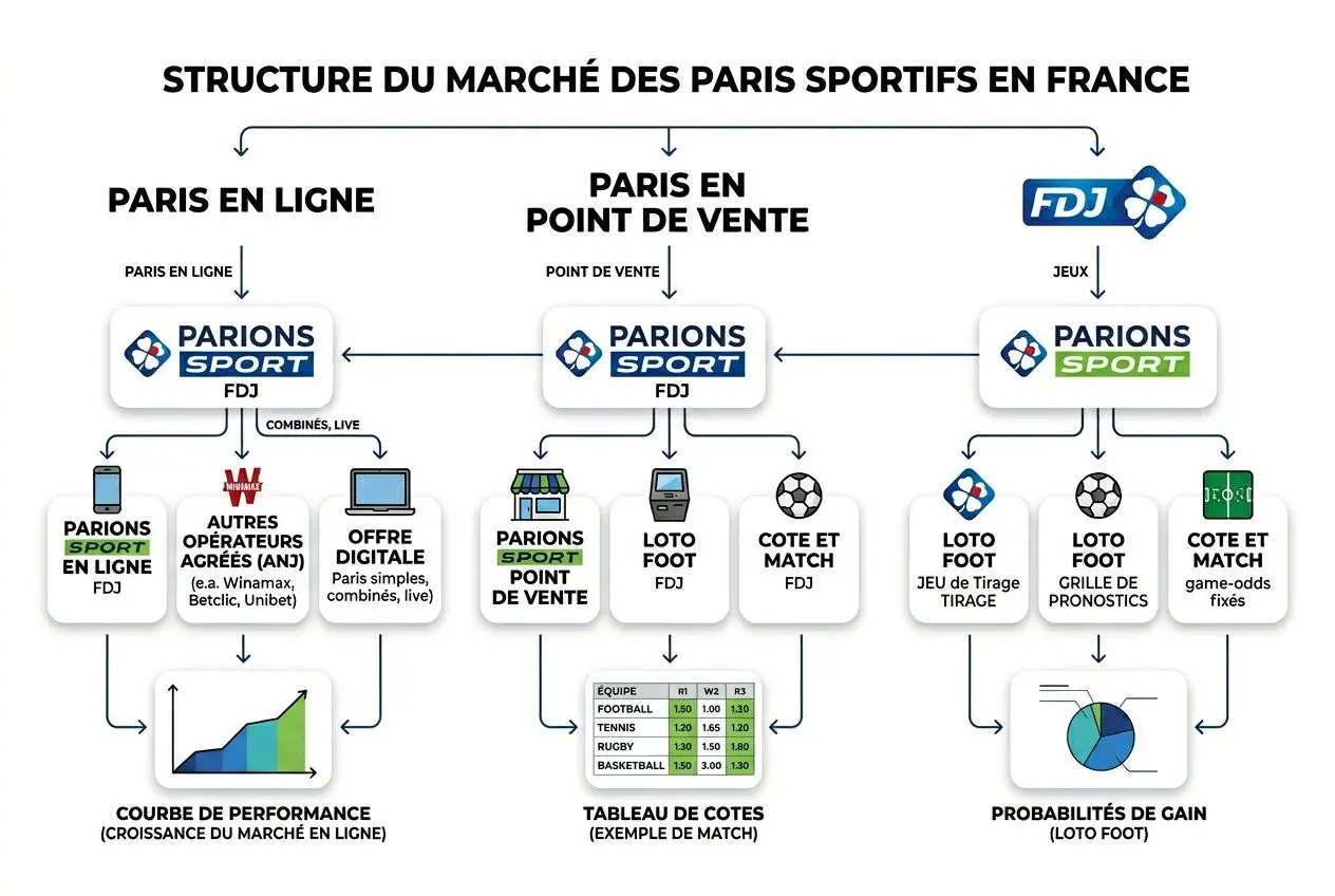 Illustration schématique du marché des paris sportifs en France montrant Paris en ligne et Paris en point de vente, flux entre opérateurs et FDJ, avec tableaux de cotes, jeux de tirage et probabilités de gain. meilleur pronostiqueur français est intégré dans le contexte des paris sportifs et pronostics foot.