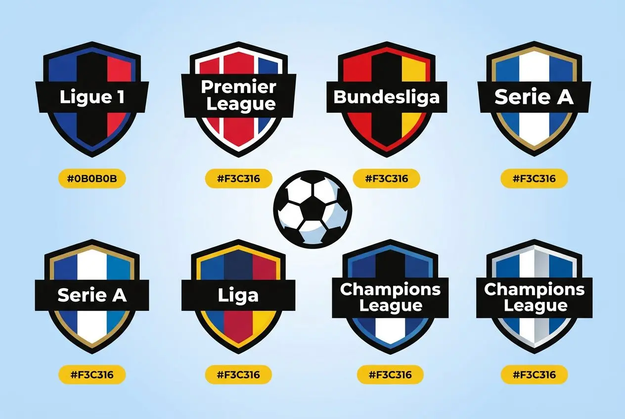 Illustrations de logos de ligues (Ligue 1, Premier League, Bundesliga, Serie A, Serie A, Liga, Champions League, Champions League) sur fond bleu avec ballon central. pronostics football gratuits intégrés naturellement.