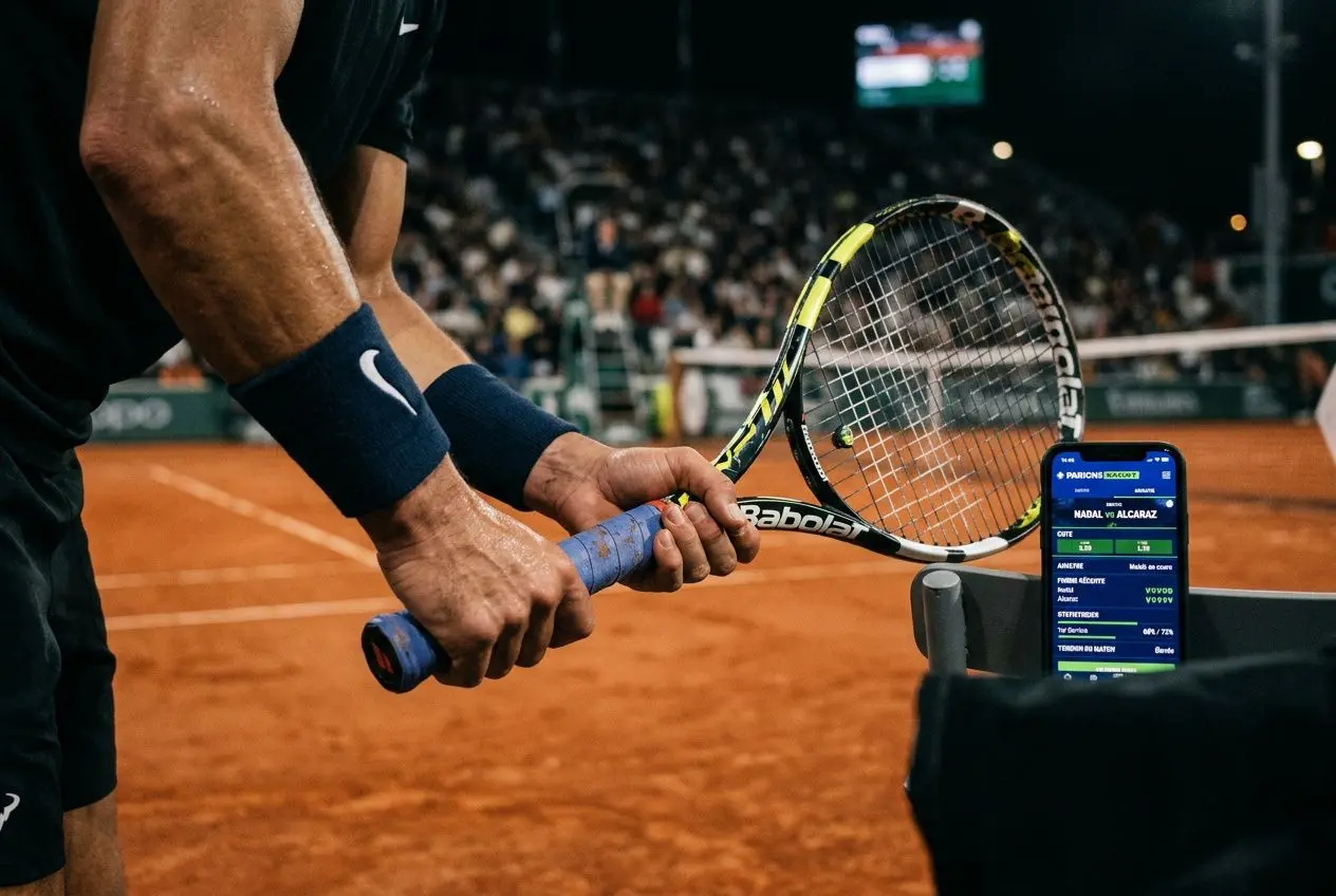 Joueur de tennis se préparant à servir sur terre battue, raquette en main et écran affichant des stats de match au premier plan. comment analyser un match de tennis pour parier
