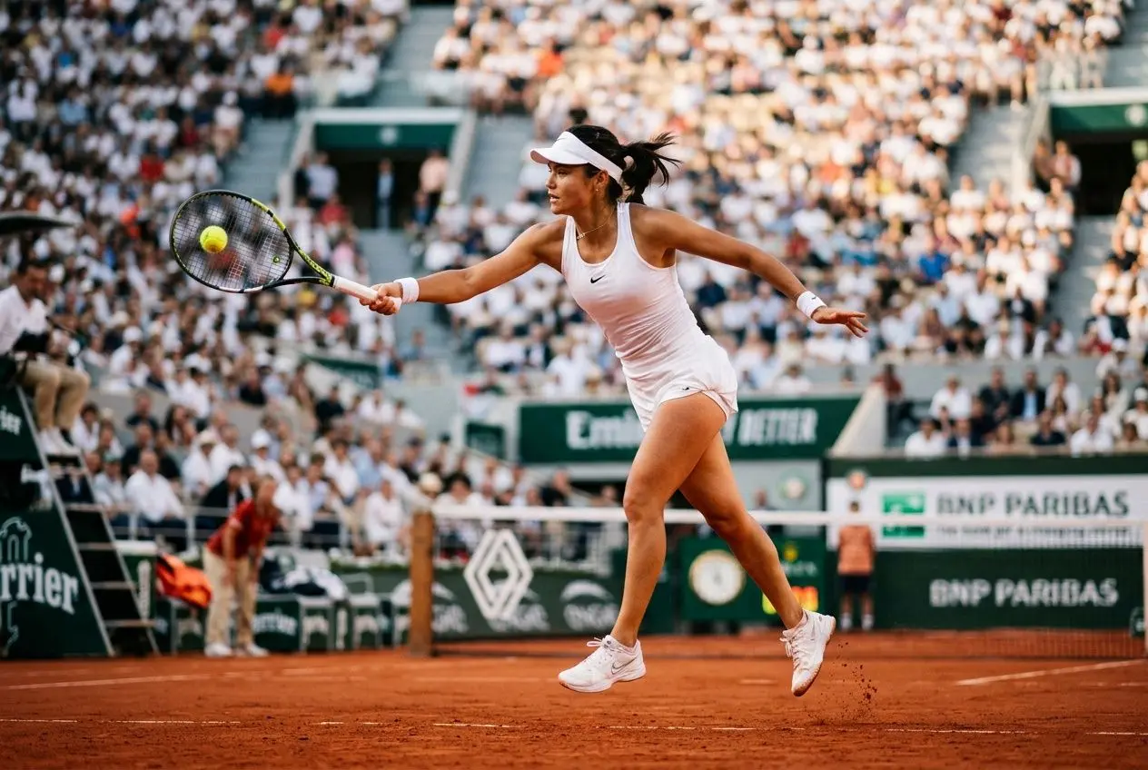 Joueuse de tennis en action sur terre battue, effectuant un coup droit lors d’un match, stadium bondé en arrière-plan. intégration : stratégie pari tennis rentable.