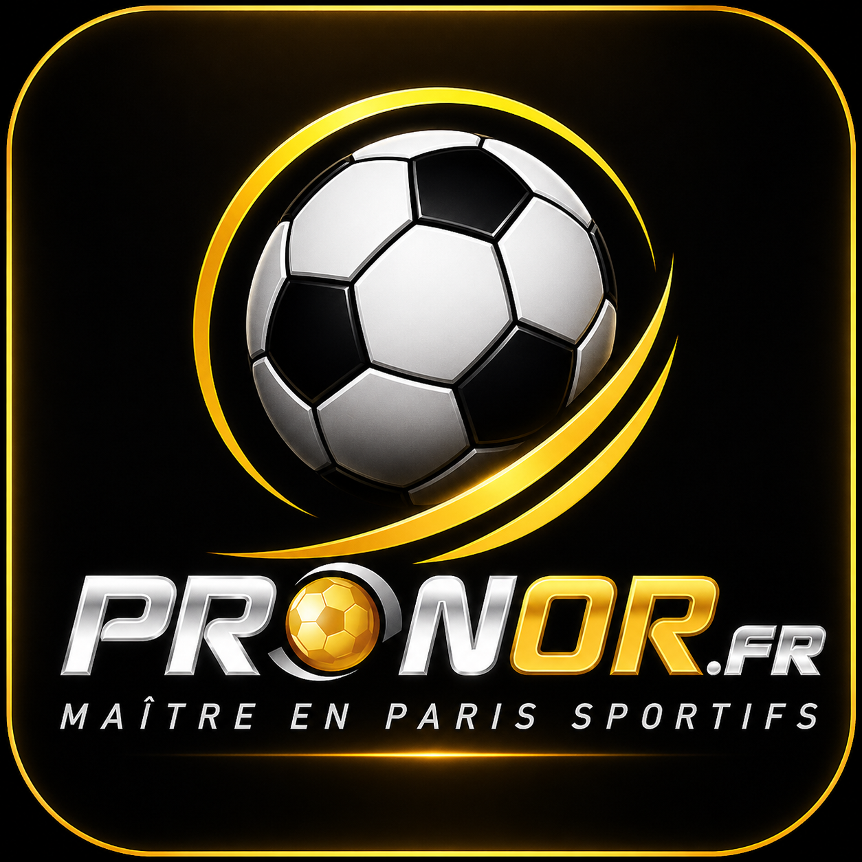 Logo Pronor.fr: ballon de football argent et noir avec arcs jaunes, texte PRONOR.FR et slogan Maître en paris sportifs sur fond noir. Inclut le mot-clé: comment faire des pronostics sportifs.